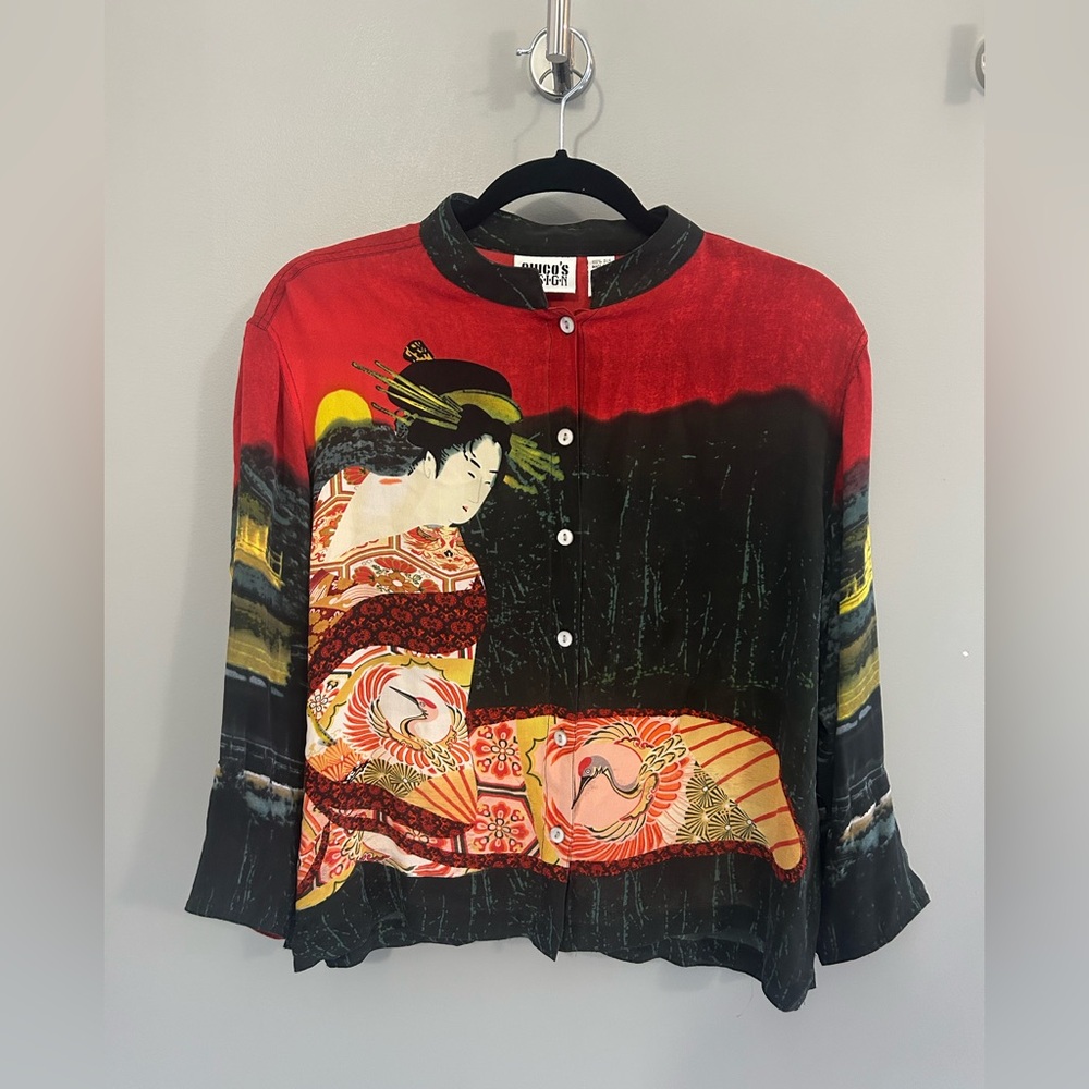 CHICOS DESIGN JAPAN GEISHA PRINT SILK BLOUSE